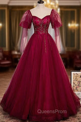 Burgundy Tulle Square Long Sleeve Beading Evening Prom Dress