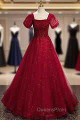 Burgundy Tulle Square Puff Sleeve Beading Evening Prom Dress