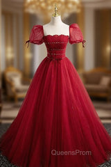 Burgundy Tulle Square Puff Sleeve Pleats Beading Evening Prom Dress