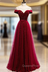 Burgundy Tulle Star Sequins Cap Sleeve Evening Prom Dress