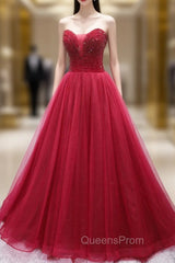 Burgundy Tulle Strapless Beading Evening Prom Dress