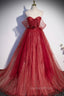 Burgundy Tulle Strapless Floor Length Evening Prom Dress, A-Line Evening Graduation Dress