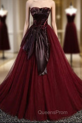 Burgundy Tulle Strapless Pleats Bow Evening Prom Dress