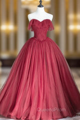 Burgundy Tulle Strapless Pleats Evening Prom Dress