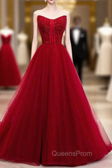 Burgundy Tulle Sweetheart Beading Long Evening Prom Dress