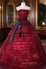 Burgundy Tulle Tiers Strapless Quinceanera Dress