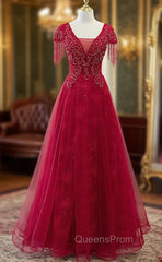 Burgundy Tulle V-neck Cap Sleve Beading Evening Prom Dress