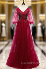 Burgundy Tulle V-neck Puff Sleeve Beading Evening Prom Dress