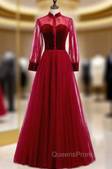 Burgundy Tulle Velvet Long Sleeve Button Evening Prom Dress