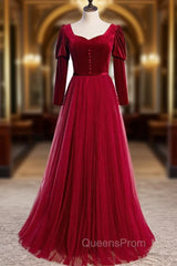 Burgundy Tulle Velvet Long Sleeve Square Long Evening Prom Dress