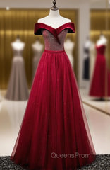 Burgundy Tulle Velvet Off the Shoulder Evening Prom Dress
