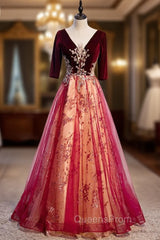 Burgundy Tulle Velvet Sequins V-neck Short Sleeve Evening Prom Dress