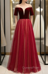 Burgundy Tulle Velvet Short Sleeve Backless Evening Prom Dress