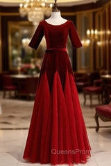 Burgundy Tulle Velvet Short Sleeve Evening Prom Dress