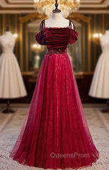 Burgundy Tulle Velvet Spaghetti Straps Beading Evening Prom Dress