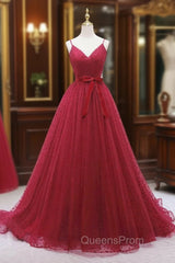 Burgundy Tulle Wave Point Evening Prom Dress