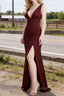 Burgundy V Neck Chiffon Bridesmaid Dresses Long Prom Dress With Pleated Split