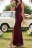 Burgundy V Neck Chiffon Prom Dress Long Bridesmaid Dress With Pleated Split