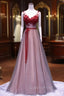 Burgundy V Neck Lace Floral Long Evening Prom Dress, Burgundy V Neck Long Evening Dress