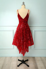 Burgundy v neck lace high low Evening Prom Dress lace formal Dress