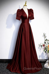 Burgundy V-Neck Satin Long Evening Prom Dress, Simple Short Sleeve Evening Party Dress
