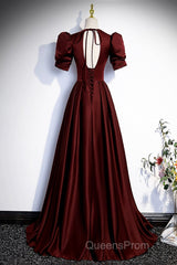 Burgundy V-Neck Satin Long Evening Prom Dress, Simple Short Sleeve Evening Party Dress