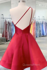 Burgundy v neck satin short Evening Prom Dress one shoulder cocktail Dress
