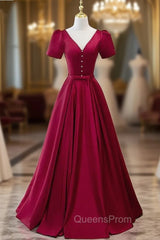 Burgundy V-neck Short Sleeve Pearls Evening Prom Dress