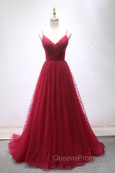 Burgundy V-Neck Tulle Long Evening Prom Dress, A-Line Backless Evening Party Dress