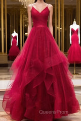 Burgundy v neck tulle long Evening Prom Dress, burgundy evening Dress