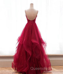 Burgundy v neck tulle long Evening Prom Dress, burgundy evening Dress