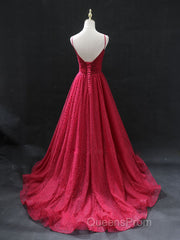 Burgundy v neck tulle long Evening Prom Dress, burgundy tulle formal Dress
