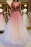 Burgundy v neck tulle sequin long Evening Prom Dress burgundy evening Dress