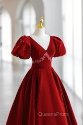 Burgundy V-Neck Velvet Long Evening Dress, A-Line Short Sleeve Evening Dress