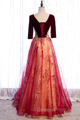 Burgundy V-Neck Velvet Tulle Long Evening Prom Dress, A-Line 1/2 Sleeve Evening Dress