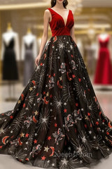 Burgundy Velvet Black Tulle Embroidery V-neck Backless Haute Couture Evening Prom Dress