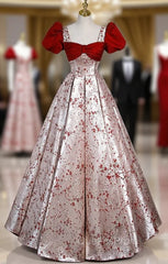 Burgundy Velvet Champagne Satin Short Sleeve Evening Prom Dress