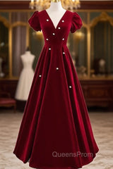 Burgundy Velvet Deep V-neck Short Sleeve Evening Prom Dress