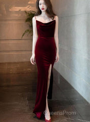 Burgundy Velvet Floor Length Mermaid Evening Prom Dress, Velvet Bridesmaid Dress