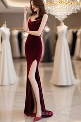 Burgundy Velvet Floor Length Mermaid Evening Prom Dress, Velvet Bridesmaid Dress