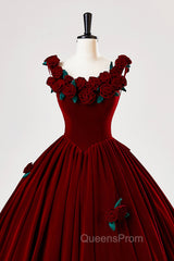 Burgundy Velvet Floor Length Evening Prom Dress, A-Line Evening Party Dress With Flowers