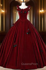 Burgundy Velvet Floor Length Evening Prom Dress, A-Line Evening Party Dress With Flowers