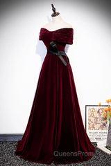 Burgundy Velvet Floor Length Evening Prom Dress, Elegant Off The Shoulder Party Dress