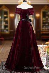 Burgundy Velvet Floor Length Evening Prom Dress, Elegant Off The Shoulder Party Dress