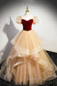 Burgundy Velvet Glitter Cascading Ruffles Evening Prom Dress, Champagne Tulle Floor Length Evening Dress
