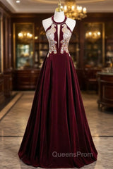 Burgundy Velvet Halter Beading Sequins Evening Prom Dress