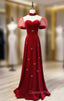 Burgundy Velvet High Neck Puff Sleeve Evening Prom Dress
