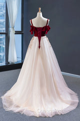 Burgundy Velvet Lace Long Evening Prom Dress, A-Line Off Shoulder Evening Dress