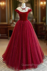 Burgundy Velvet Long A-Line Evening Prom Dress, Burgundy Evening Dress