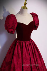 Burgundy Velvet Long A-Line Evening Prom Dress, Burgundy Short Sleeve Evening Dress